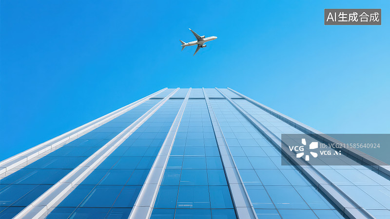 【AI数字艺术】仰拍高楼玻璃幕墙建筑上空飞过的飞机图片素材