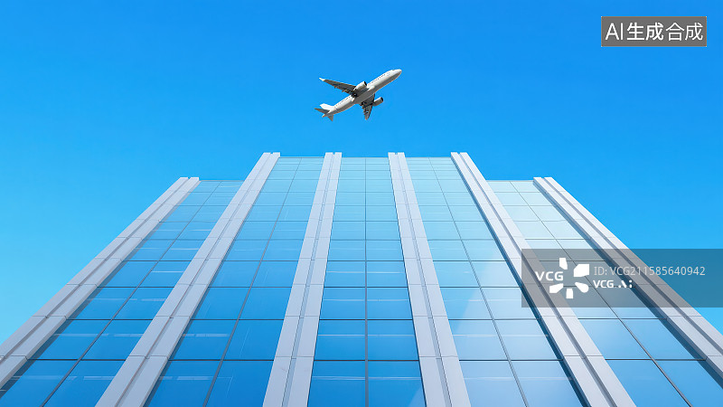 【AI数字艺术】仰拍高楼玻璃幕墙建筑上空飞过的飞机图片素材
