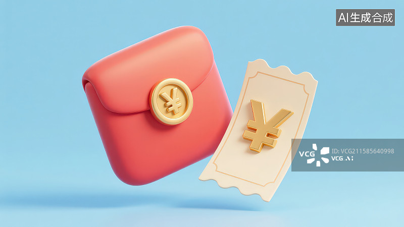 【AI数字艺术】浅蓝色背景下悬浮着带有人民币（￥）符号的红包和优惠券图片素材