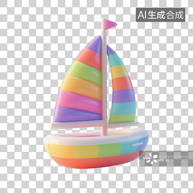 【AI数字艺术】3D渲染，充气膨胀风格，卡通帆船，帆船，小船，免抠元素图片素材