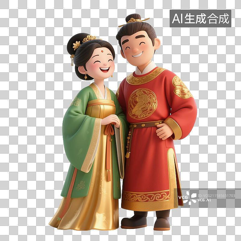 【AI数字艺术】3D渲染，中国风古装情侣，卡通情侣，夫妻，爱情，汉服，传统服装，情人节，七夕节，新郎新娘，免抠元素图片素材
