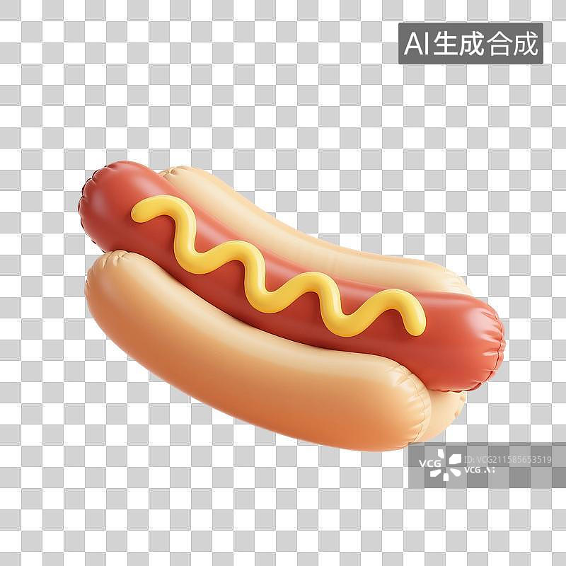 【AI数字艺术】3D渲染，充气膨胀风格，可爱的卡通热狗面包，三明治，热狗，美味食物免抠元素图片素材