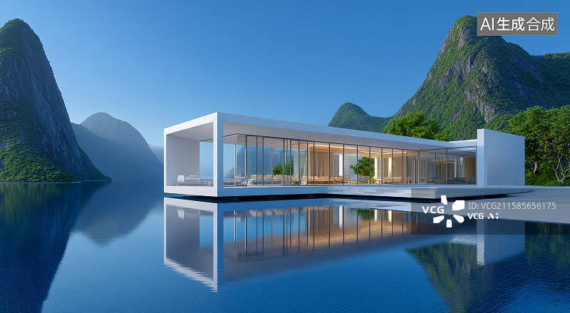 【AI数字艺术】湖畔极简主义住宅图片素材