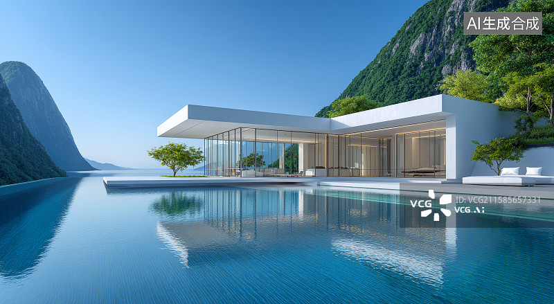 【AI数字艺术】湖畔极简主义住宅图片素材