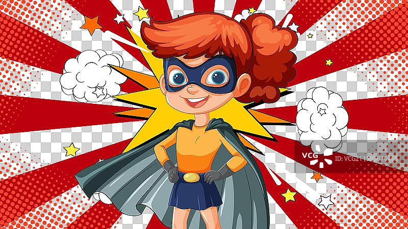 年轻的超级英雄女孩，红色头发和斗篷图片素材