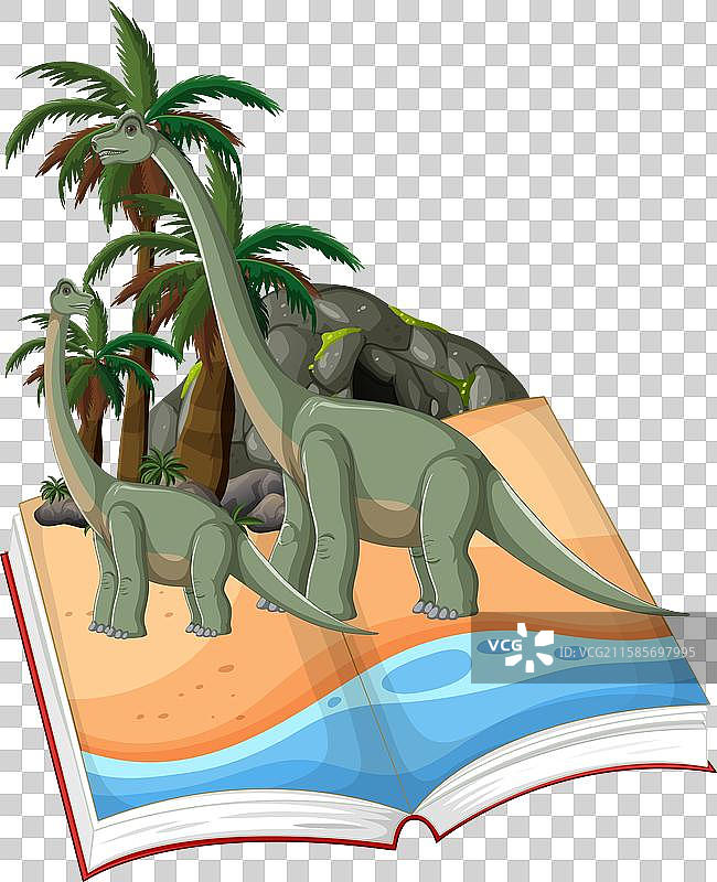 恐龙从沙滩上的故事书中走出图片素材