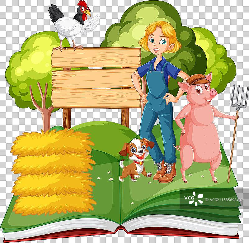 农民与动物在一本打开的书上图片素材