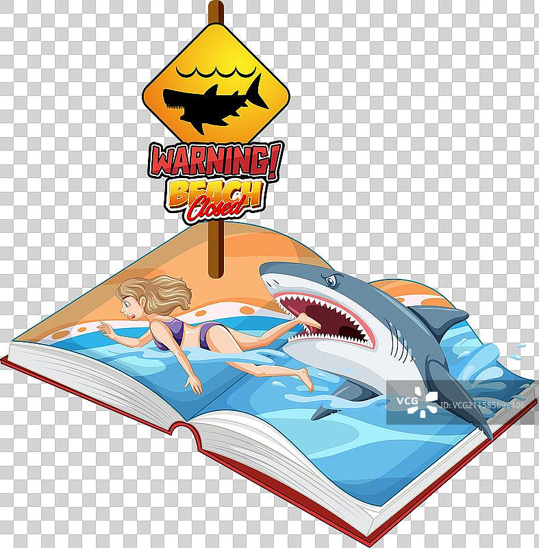 打开的书，里面有鲨鱼和游泳者图片素材