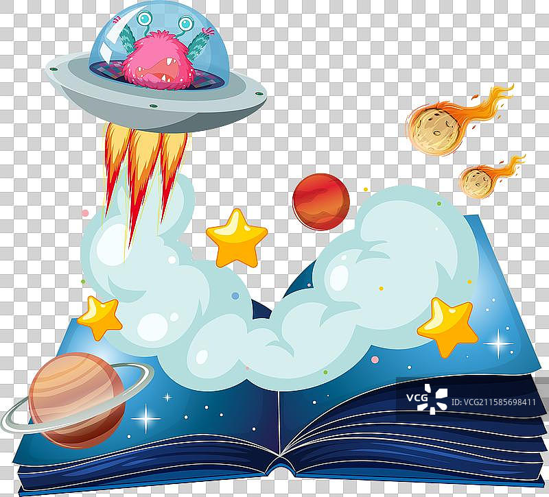 外星飞船从一本打开的书中出现图片素材