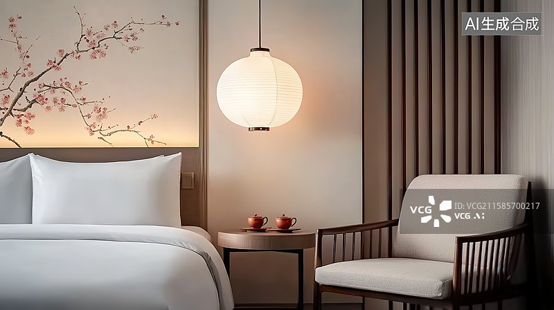 【AI数字艺术】极简新中式风格客厅里的小茶几和休闲椅室内空间图片素材