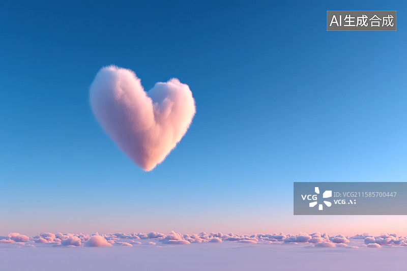 【AI数字艺术】蓝天中一朵爱心形状的云可爱风插画图片素材