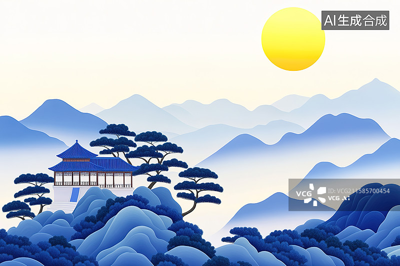 【AI数字艺术】克莱因蓝国风山水凉亭夕阳风景插画图片素材