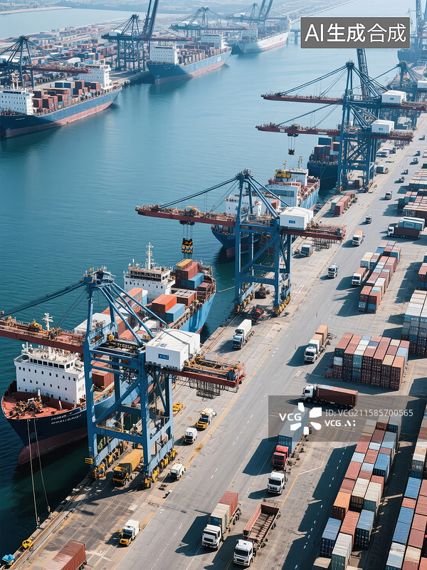 【AI数字艺术】繁忙港口的集装箱装卸作业图片素材