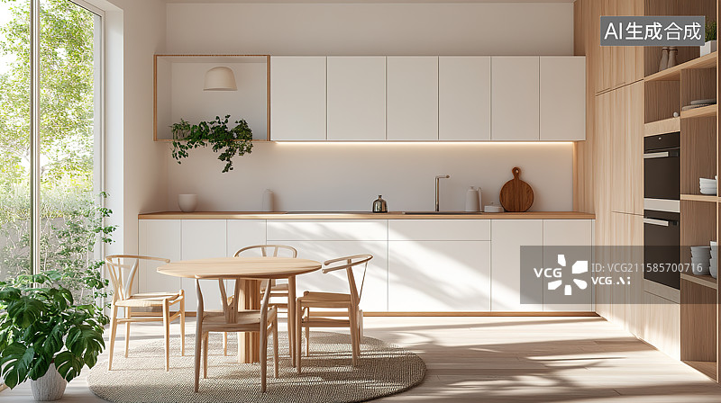 【AI数字艺术】现代风格奶油色厨房室内设计图片素材