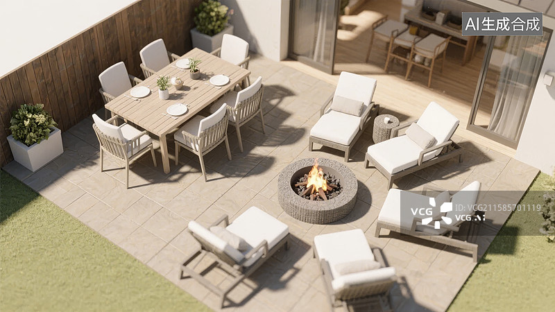 【AI数字艺术】现代露台布置，含餐桌与火坑图片素材