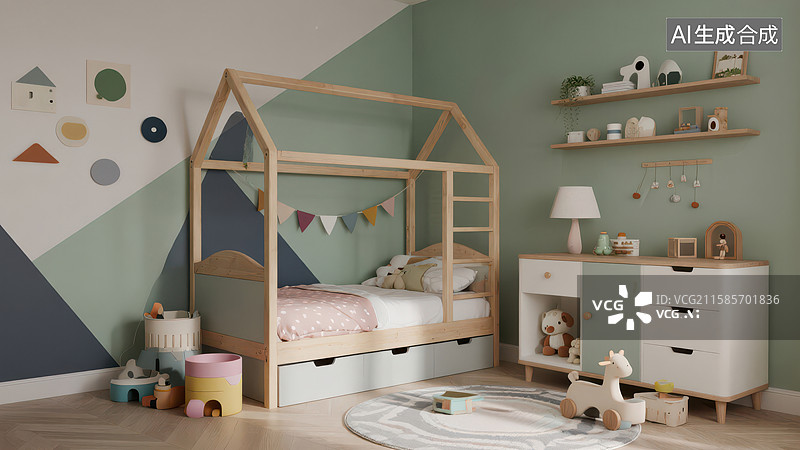 【AI数字艺术】儿童房内的树屋床与装饰图片素材