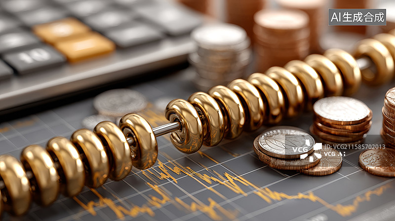 【AI数字艺术】金融图表上的硬币与计算工具图片素材