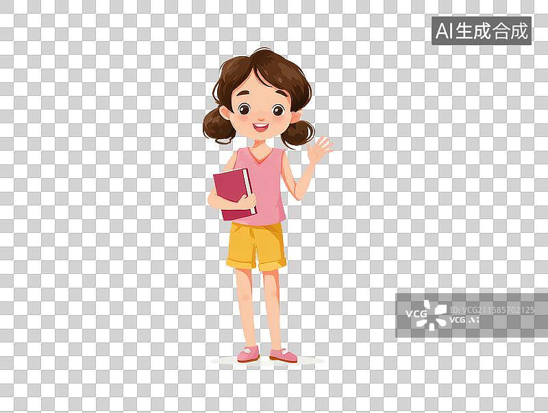 【AI数字艺术】扎着辫子的女孩手持书本挥手图片素材