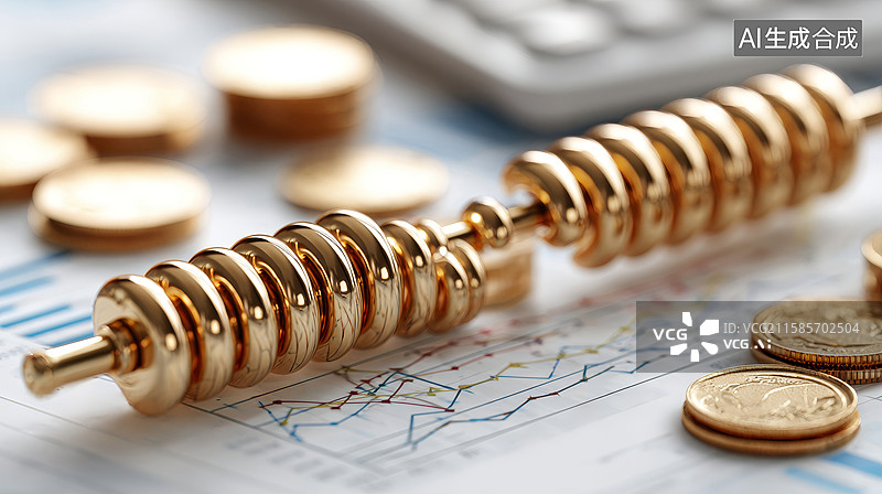 【AI数字艺术】金色算盘与硬币及财务图表图片素材