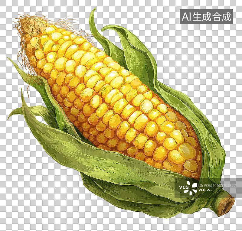 【AI数字艺术】带绿叶的新鲜黄色玉米棒图片素材