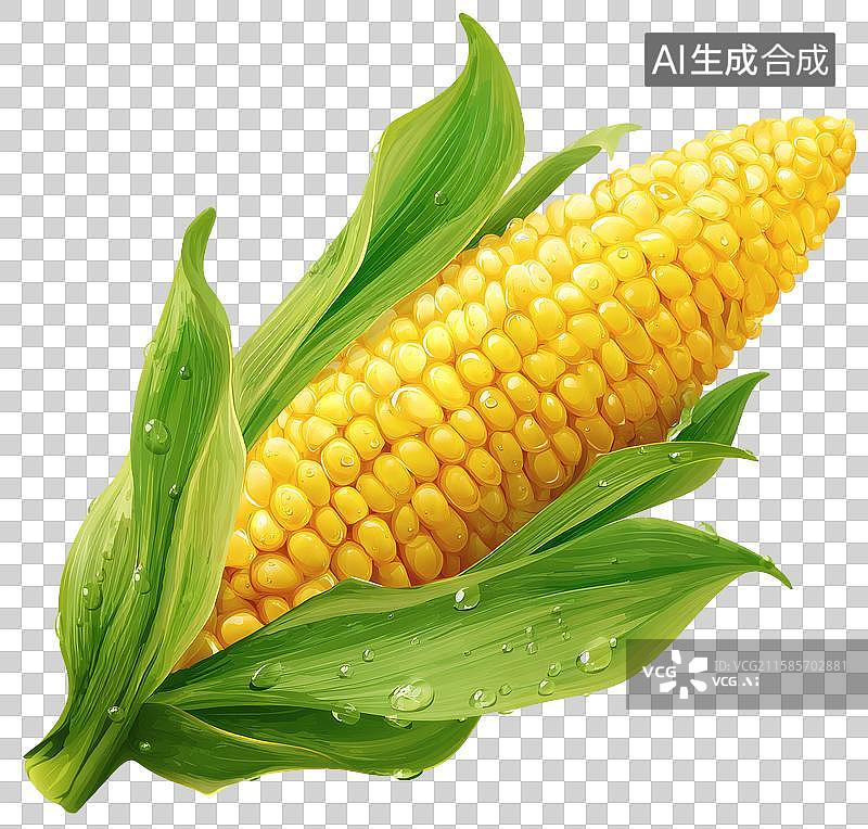 【AI数字艺术】带绿叶和水珠的新鲜黄玉米棒图片素材