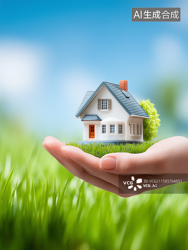 【AI数字艺术】手里托着房屋模型买房概念图图片素材