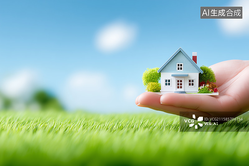 【AI数字艺术】手里托着房屋模型买房概念图图片素材