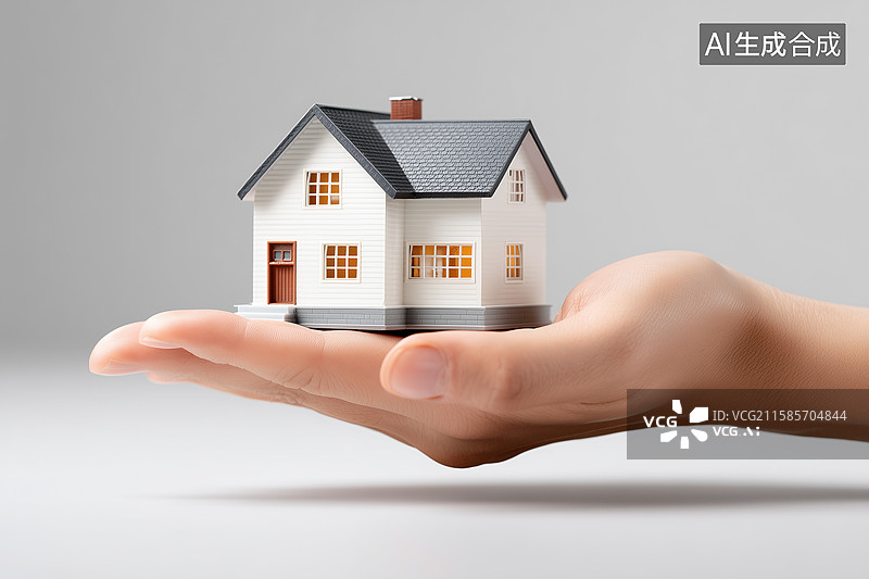 【AI数字艺术】一只手指着一个房屋模型房地产金融概念图图片素材