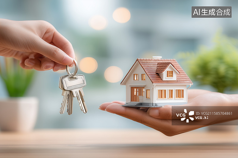 【AI数字艺术】手中的钥匙与房子买房概念图图片素材