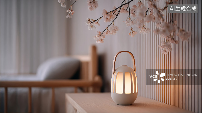 【AI数字艺术】室内空间卧室床头前的小台灯图片素材