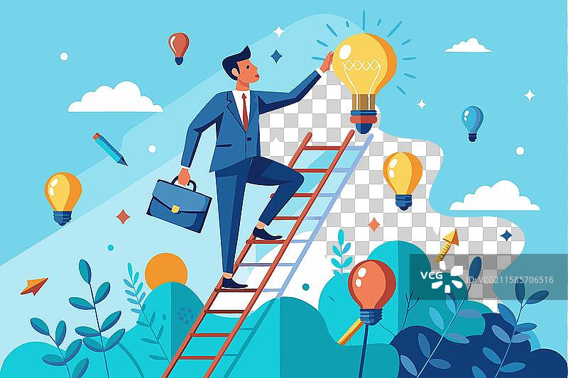 商人攀登梯子寻找新想法图片素材