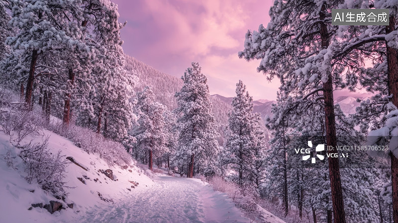 【AI数字艺术】冬季汽车广告背景图，雪地上的树木，冬天森林里的道路图片素材