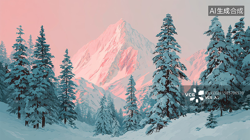 【AI数字艺术】冬日雪山：粉雪覆盖的壮丽山峰图片素材