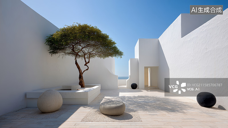 【AI数字艺术】极简白色庭院：单树与雕塑元素的和谐空间图片素材