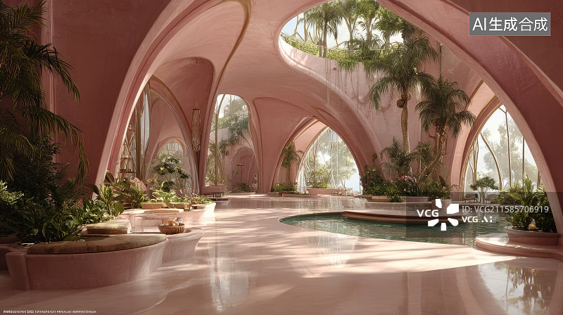 【AI数字艺术】粉色洞穴酒店建筑结构图片素材