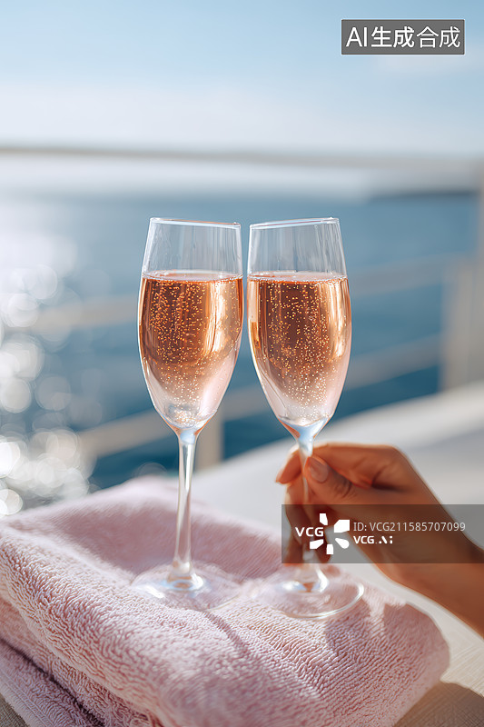 【AI数字艺术】海边粉色毛巾上的两杯玫瑰香槟图片素材