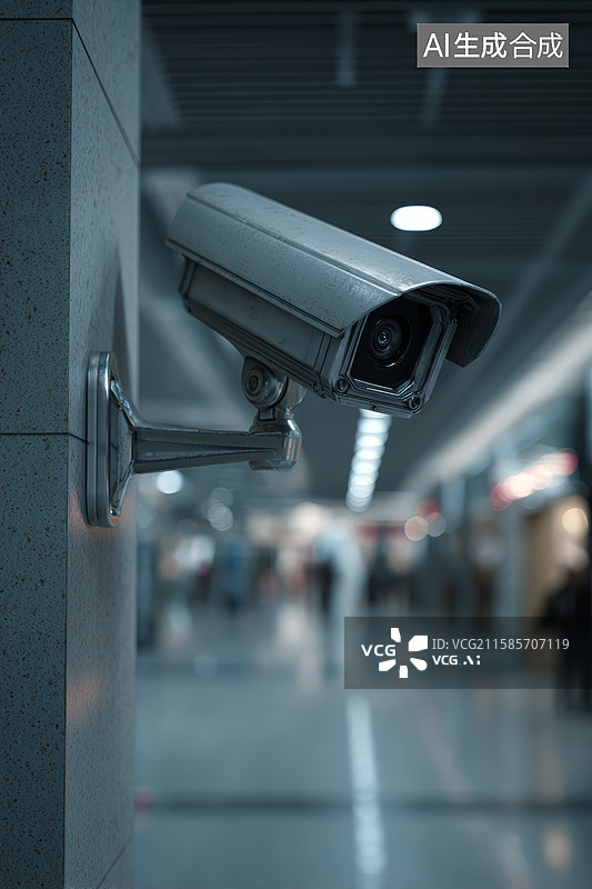 【AI数字艺术】公共场所墙上安装的监控摄像头图片素材