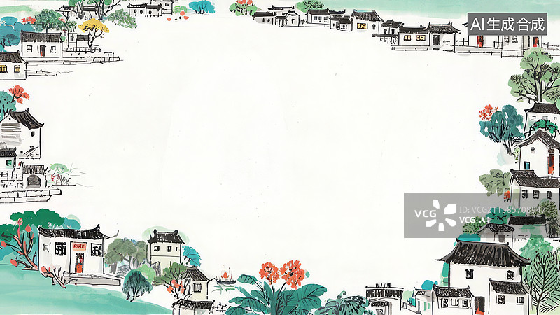 【AI数字艺术】水墨画环绕-背景壁纸1传统水乡建筑与自然景观图片素材