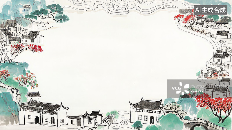 【AI数字艺术】水墨画环绕-背景壁纸1水墨画风的乡村景致图片素材