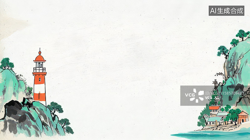 【AI数字艺术】水墨画两侧-背景壁纸1.灯塔与山间村落的宁静景色图片素材