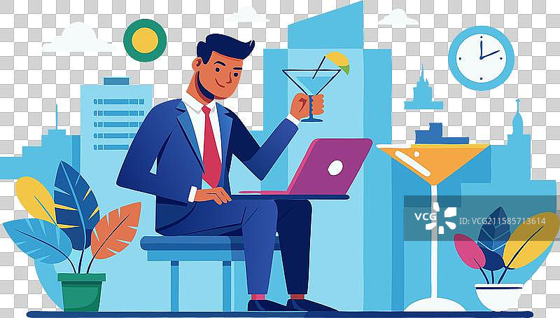 在家办公的商人手拿鸡尾酒图片素材