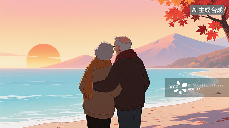 【AI数字艺术】秋天，枫叶，老夫妻，相伴，插画图片素材