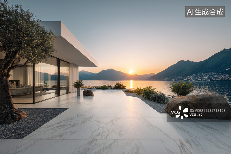 【AI数字艺术】湖景山景现代白色别墅图片素材