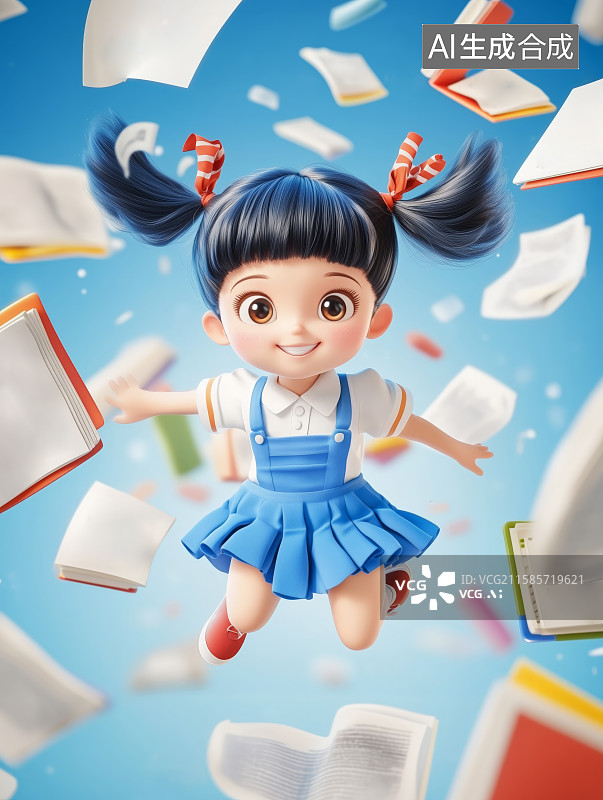 【AI数字艺术】3D儿童节开学季快乐飞奔的小学生插画图片素材