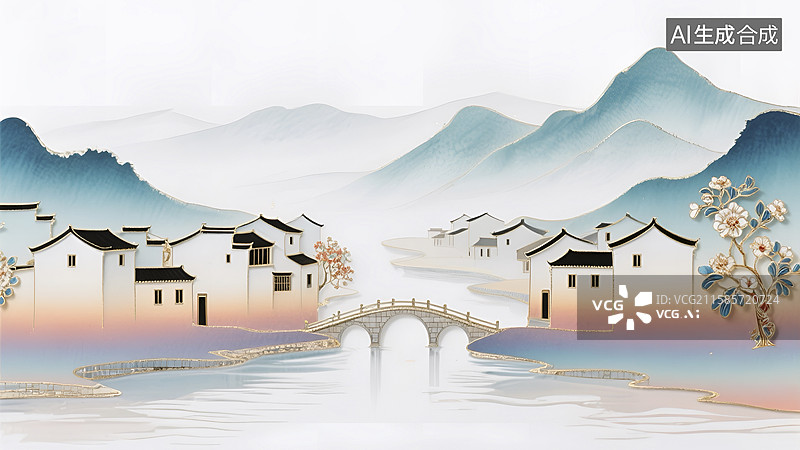 【AI数字艺术】水墨风格山水田园风光插画图片素材