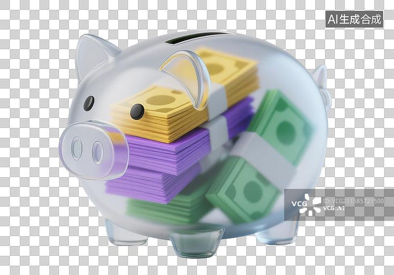 【AI数字艺术】3D三维透明猪存钱罐里的纸币元素图片素材