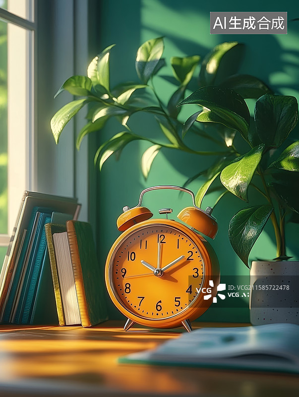 【AI数字艺术】书桌上摆放各类文具和时钟，教育概念图片素材