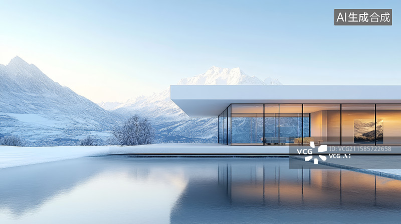 【AI数字艺术】雪山下白色现代建筑别墅和广场图片素材