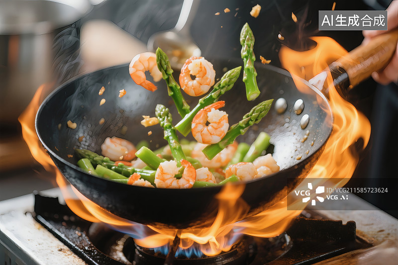 【AI数字艺术】铁锅中，大火翻炒的芦笋炒虾仁图片素材