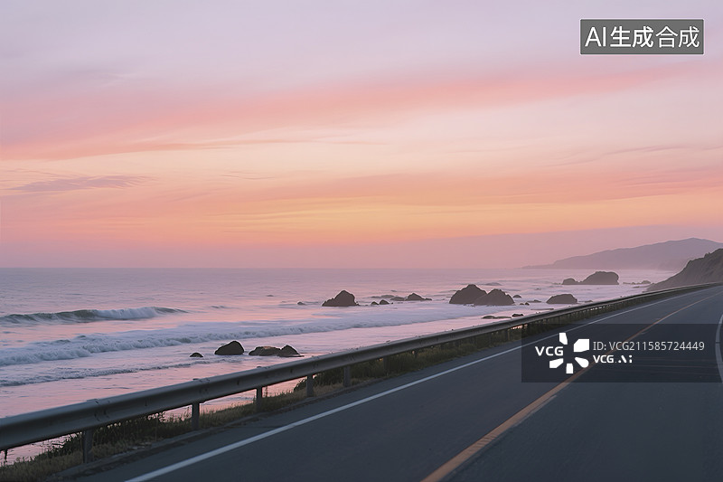 【AI数字艺术】日落时分海边公路插画图片素材